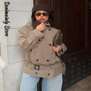 패션 라펠 숏 트렌치 코트 여성 더블 브레스티드 포켓 재킷 여성 2025 가을 겨울 신상 오피스룩 솔리드 아우터