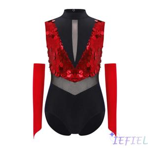 여자 체조 댄스 공연 의상 모크 넥 민소매 컷아웃 백 스파클링 스팽글 컬러 블록 레오타드 (장갑 포함)