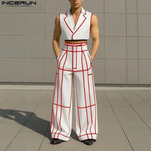 INCERUN 남성 세트 패치워크 라펠 민소매 크롭 베스트 & 와이드 레그 팬츠 투피스 세트 스트리트웨어 패션 캐주얼 남성 정장