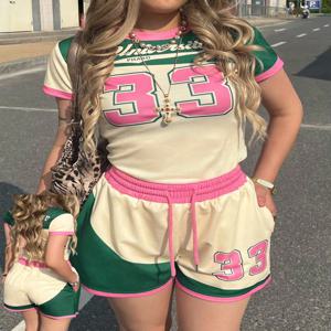 새로운 여름 미국 스트리트 트렌드 스파이시 걸 인스 스타일 33 저지 엘리먼트 티셔츠 세트 캐주얼 성인 오버사이즈 여성 상의 반바지