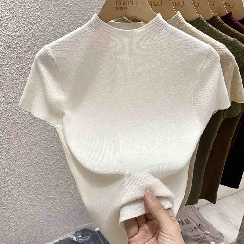 2025 풀오버 스웨터 기본 레이어링 티 얇은 풀오버 여성 니트 스웨터 슬림 반팔 바디콘 스웨터