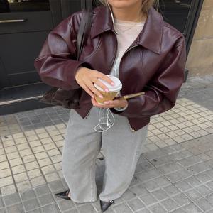 니버 지퍼 재킷 여성 가짜 가죽 가을 트렌드 라펠 풀 슬리브 핫티 하이 스트리트 패션 다양한 스타일 기본 코트