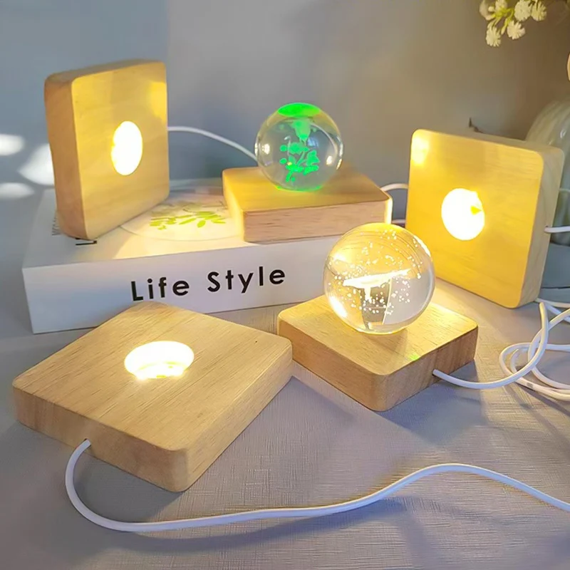 1PCS 6/8/10CM 광장 LED 빛나는 단단한 나무 자료 DIY 크리스탈 공 밤 램프 자료 고무 나무 USB 플러그인 스위치 장식품