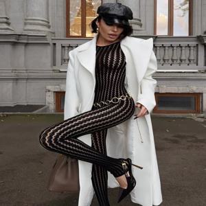 2025 시스루 섹시 블랙 점프수트 여성용 랩 홀로우 아웃 패치워크 프린트 여름 여성 바지 스키니 패션 롬퍼 신상품