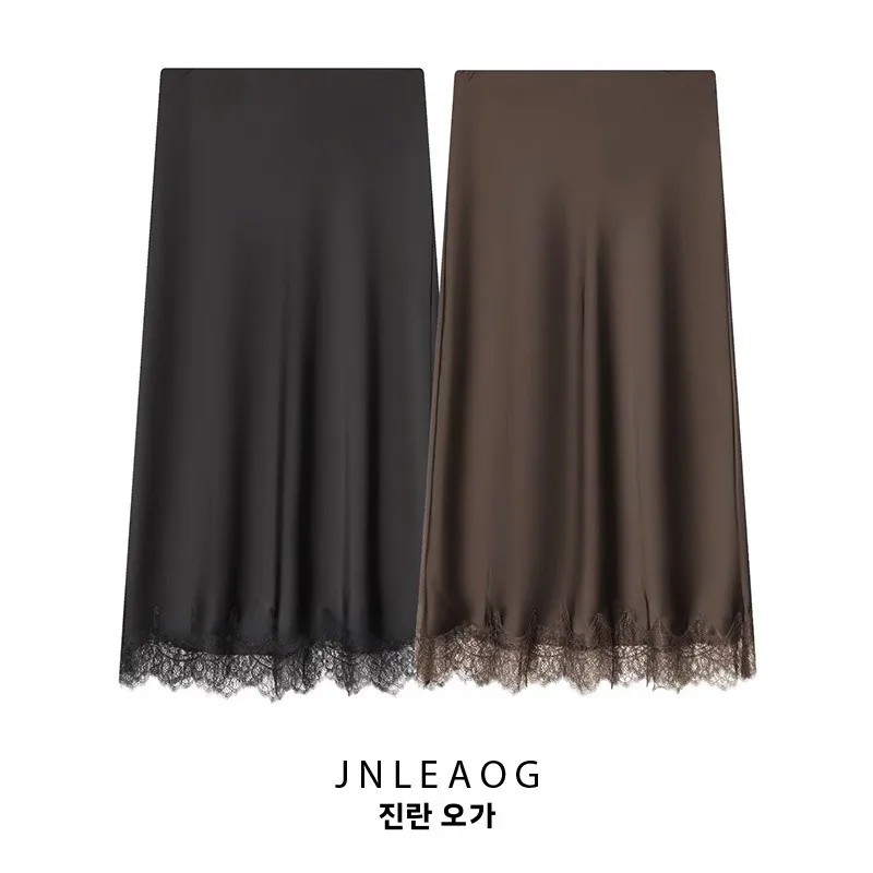 JNLEAOG 가을 신상 여성 패션 실크 새틴 레이스 장식 미디 스커트 다용도 고품질 폴리에스터 캐주얼 스탠다드 핏