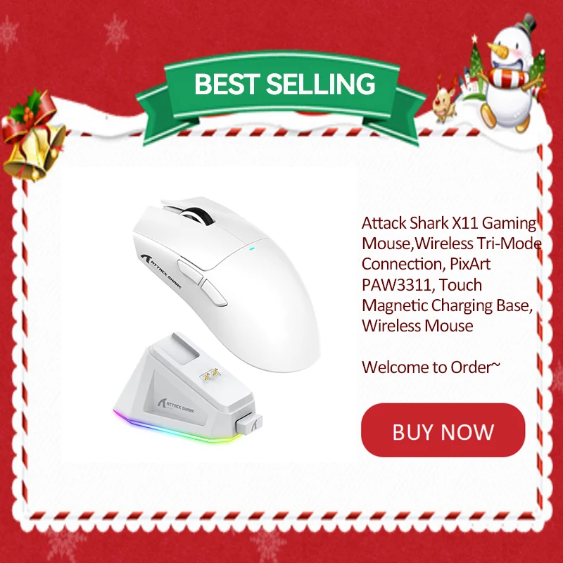 어택 샤크 X11 게이밍 마우스, 트라이 모드 연결, 픽스아트 PAW3311, 터치 마그네틱 충전 베이스, 무선 마우스