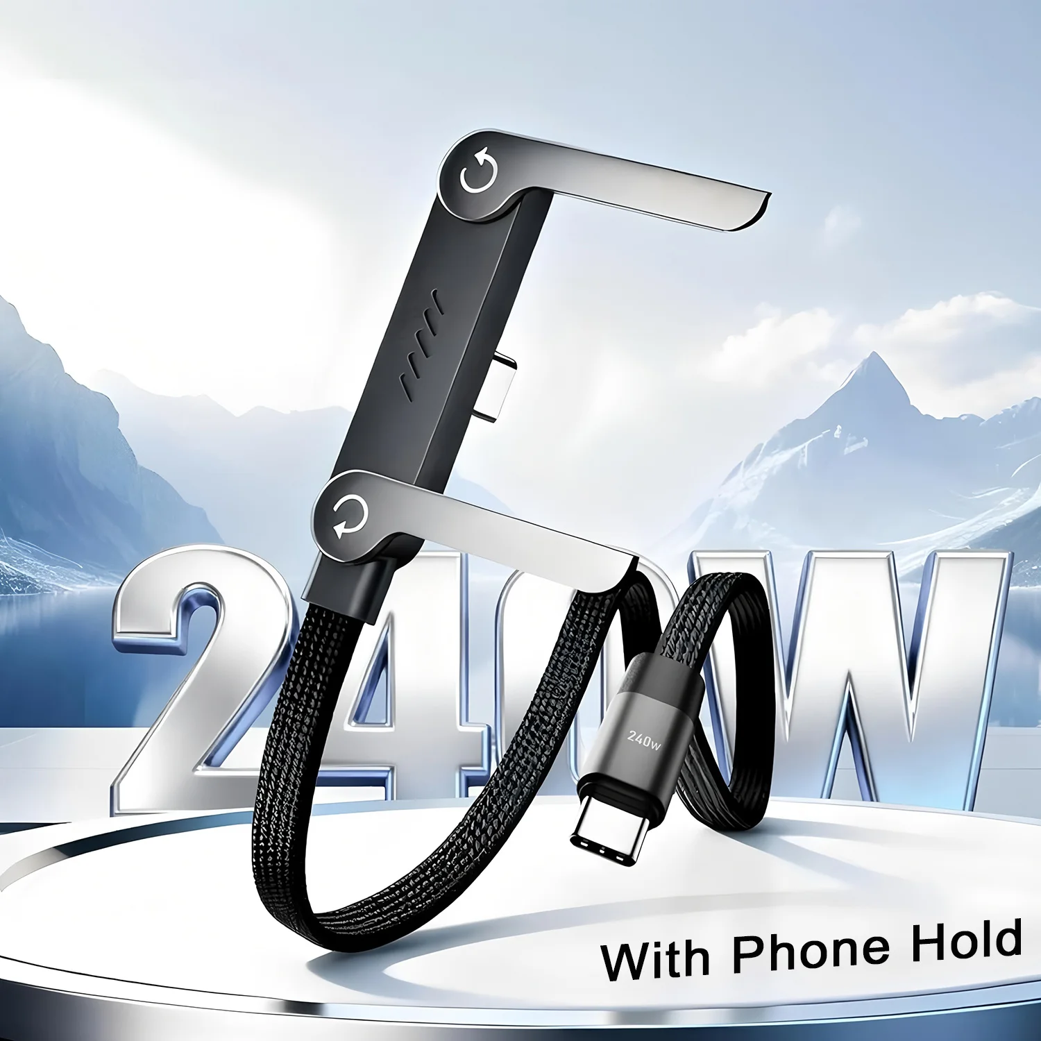 240W 2-in-1 스탠드 충전 케이블 |   폰 홀더 일체형 |   아이폰 15-17/화웨이/삼성/샤오미용 고속 충전기