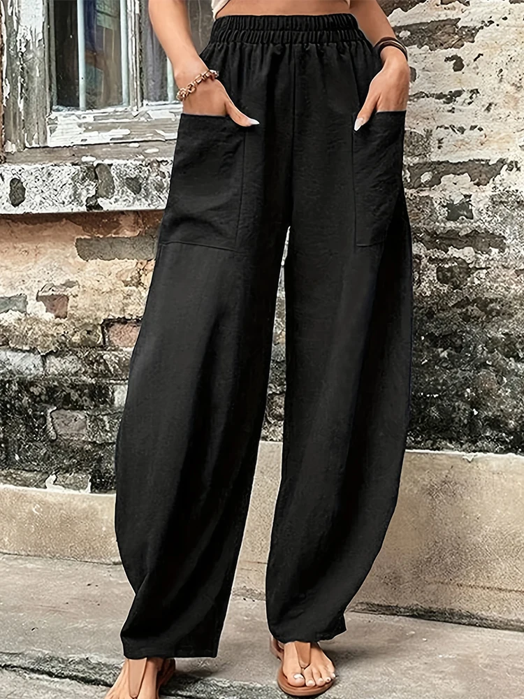 플러스 사이즈 여성용 코튼-린넨 하렘 바지 레트로 루즈핏 캐주얼 바지 신축성 있는 허리밴드 작업복 와이드 레그 바지