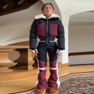 여성용 새로운 컬러 블록 퍼 칼라 스키 세트 슬림 웨이스트 벨트 캐주얼 따뜻한 점프수트 세트 엣지 긴팔 롱 팬츠 스키 의류