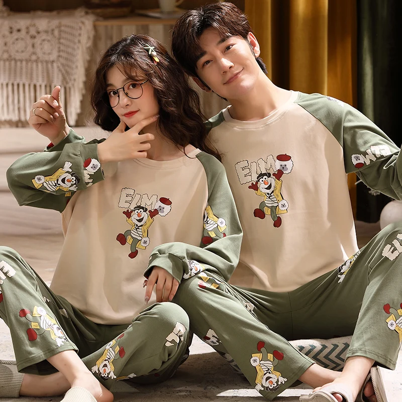 가을 커플 잠옷 세트 만화 남성 잠옷 레저 코튼 플러스 사이즈 긴 소매 여성 Homewear pijama Homme Mujer Dropship