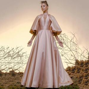 우아한 A 라인 이브닝 원피스, 하이넥 퍼프 소매, 무도회 바닥 길이, 격식 있는 파티 가운