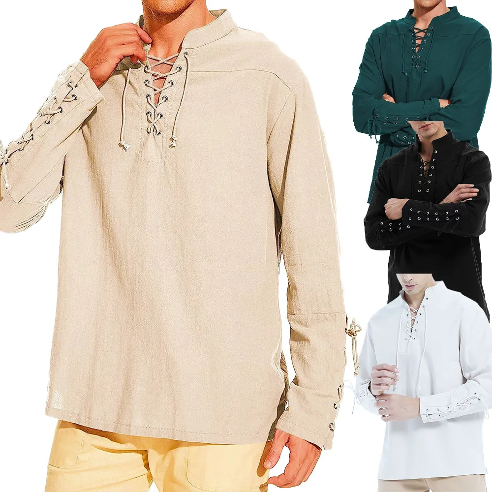 남성용 코튼 린넨 셔츠 중세 의상 비치 탑 셔츠 남성용 루즈 캐주얼 streetwear 코스프레 긴 소매