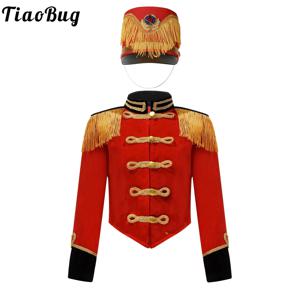 소년 소녀 드럼 주요 팀 유니폼 호두까기 인형 의상 세트 마칭 밴드 술 자켓 코트 모자 드러머 공연을위한 의상
