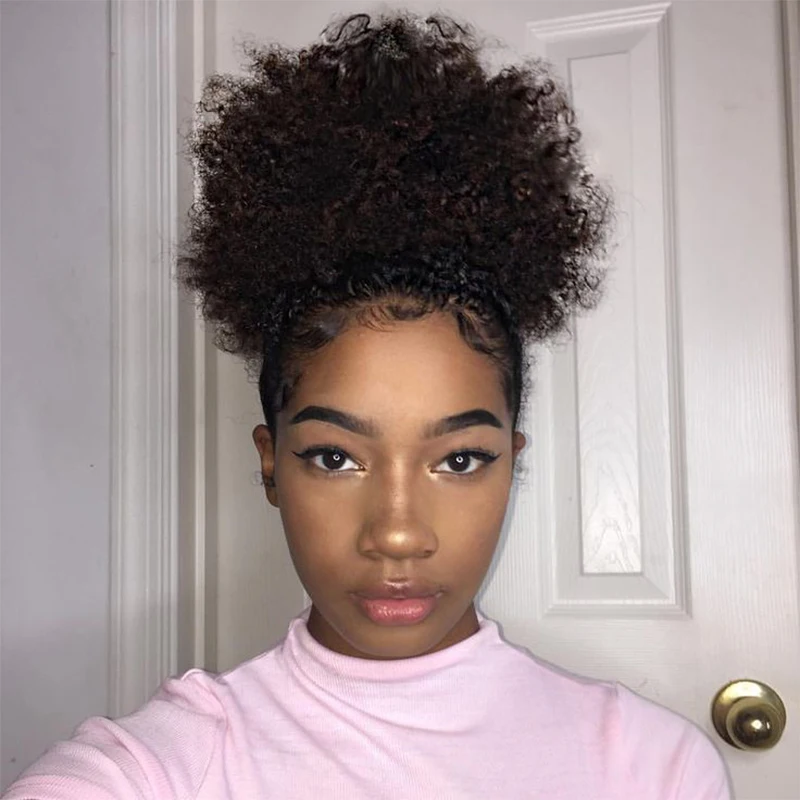 100% 인모 아프로 킨키 퍼프 드로스트링 포니테일 여성용 붙임머리 4 #   99J 30 킨키 컬리 아프로 퍼프 헤어 액세서리