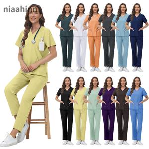 도매 약국 작업복 병원 애완 동물 미용 작업복 스크럽 탑 바지 간호사 의사 외과 유니폼 여성 스크럽 세트