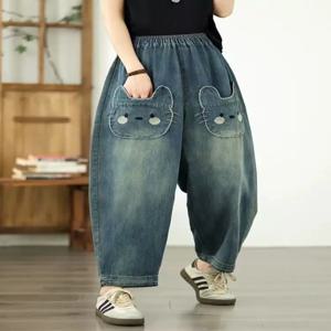 루즈핏 고양이 포켓 자수 청바지 여성 여름 얇은 내추럴 허리 9부 하라주쿠 스타일 블루 데님 팬츠