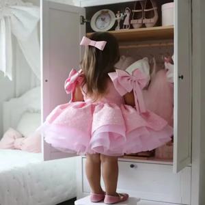 비즈 플라워 걸 드레스 스쿠프 네크라인 퍼프 소녀 파티 드레스 웨딩용 짧은 소매 키즈 크리스마스 행사 드레스 맞춤 제작