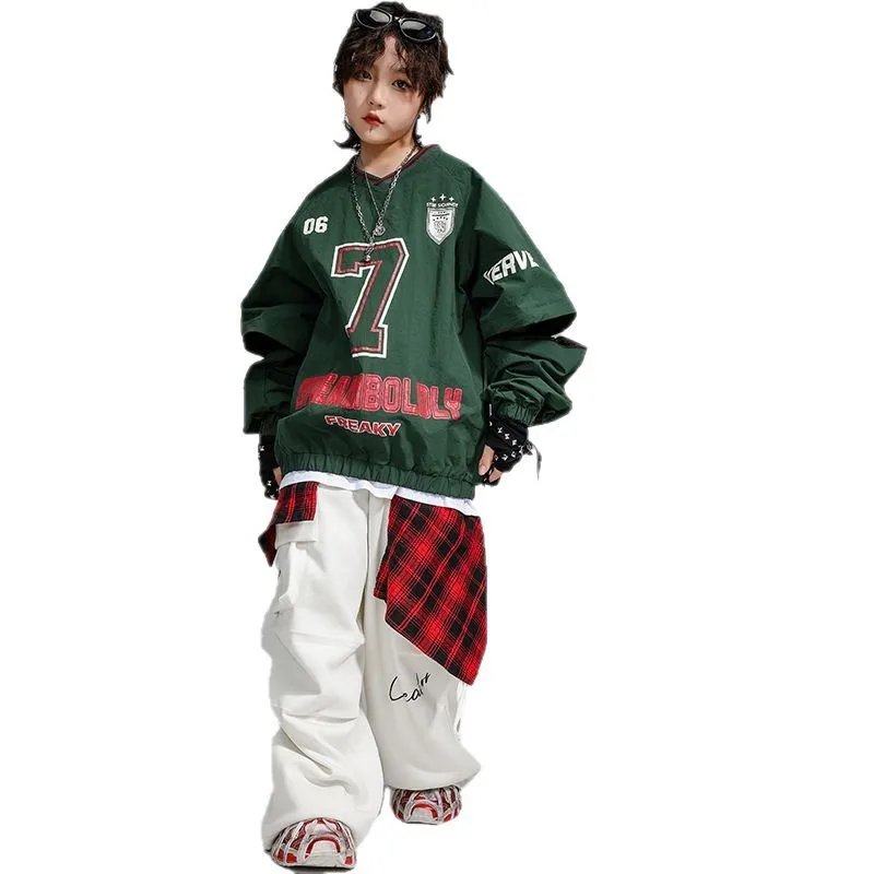 키즈 힙합 의류 그린 브이 넥 탄성 밑단 운동복 화이트 캐주얼 와이드 카고 바지 소녀 소년 재즈 댄스 의상 의류