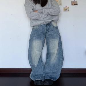 라지 사이즈 아메리칸 하이 스트리트 스타일 워싱 블루진 빈티지 워싱 루즈핏 플로어 기장 트라우저 클린핏 와이드 레그 하이웨이스트