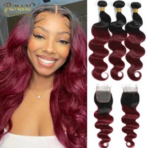 인모 헤어 번들 세트(클로저 포함) 1B/버건디 브라질리언 바디 웨이브 위브 번들 100% 인모 연장 레이스 프론탈 클리어런스