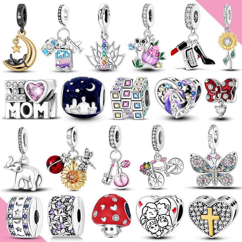 실버 925 매력 구슬 꽃 하트 항공기 맞는 원래 팔찌 Pendnat Diy 여성 쥬얼리에 대한