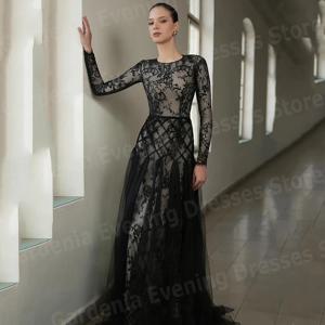 아름다운 A 라인 여성 이브닝 드레스 O 넥 댄스 파티 드레스 맞춤형 긴 소매 레이스 فساتين للمناسبات الخاصة Robe De Soirée