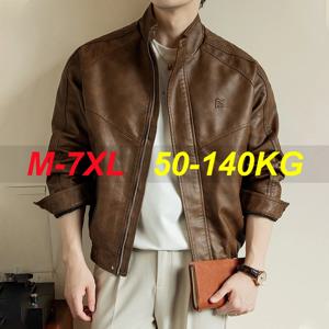 스탠드 칼라 PU 가죽 재킷 남성용 봄버 코트 가을 오토바이 플러스 사이즈 6XL 7XL 오버사이즈 라펠 레트로 편안함 고품질