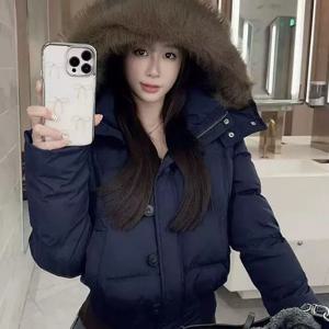 한국산 퍼 칼라 후드 파카 여성 패션 디자인 크롭 코튼 패딩 겨울 재킷 여성용 블루 캐주얼 따뜻한 파카 코트