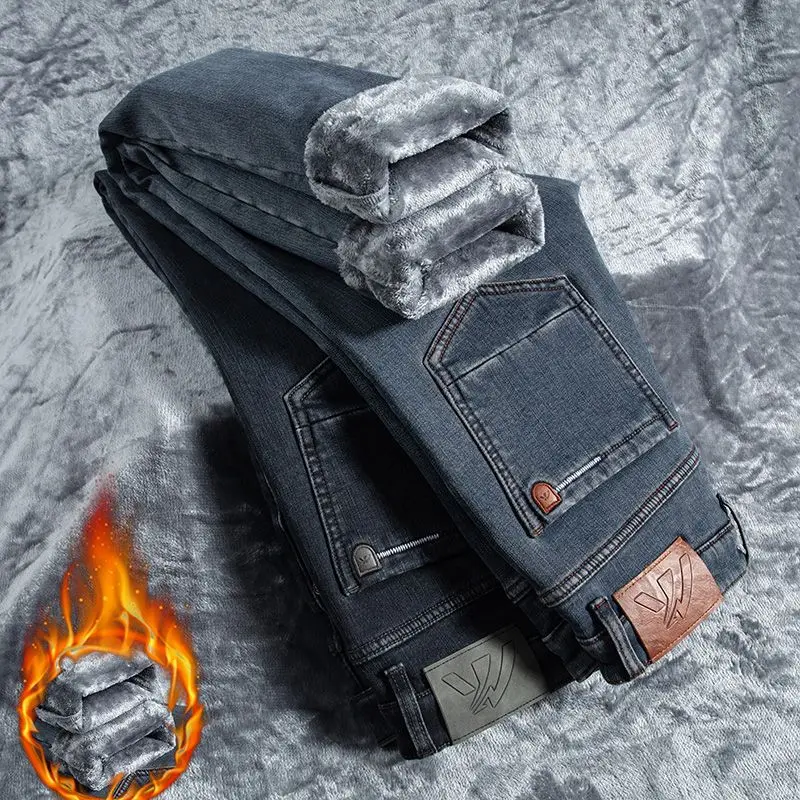 겨울용 따뜻한 남성용 청바지 플리스 두꺼운 신축성 있는 스모크 그레이 블랙 비즈니스 스트레이트 캐주얼 데님 팬츠 브랜드 남성 플러시 의류