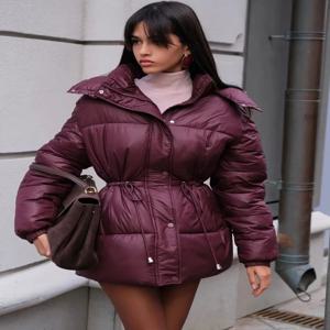 토시 레저 여성용 후드 숏 파카 코트 드로스트링 허리 따뜻한 솔리드 포켓 지퍼 겨울 긴 소매 2025 파카 코트