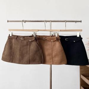 하이웨이스트 브라운 스웨이드 미니스커트 여성 플러스 사이즈 A라인 플레어 스커트 안티라이트 스프링 신상 한국 스타일 바디콘 스커트
