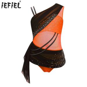 키즈 걸스 발레 체조 레오타드 컬러 블록 피겨 스케이팅 바디수트 리리컬 댄스 의상 시어 메쉬 글리터리 라인스톤