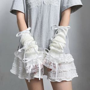 트렌디한 달콤한 니트 리본 팔토시 따뜻한 장식 긴 손가락 없는 장갑 탈부착 가능한 손토시 소녀용 로리타 액세서리