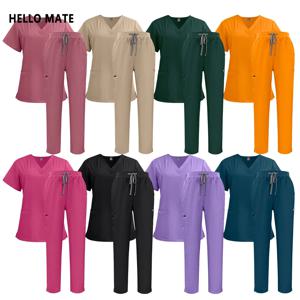 다색 여성 스크럽 유니폼 애완동물 가게 의사 스크럽 세트 의료 수술 작업복 반팔 상의+바지 치과 간호사 유니폼