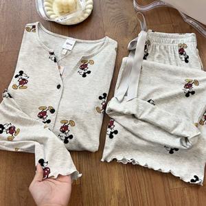 포트데미엘 미키 여성용 파자마 세트 가을, 한국 스타일 긴팔 라운지웨어, 프리미엄 코튼 잠옷 바지 포함