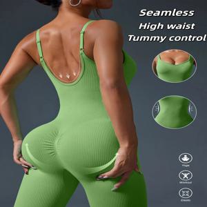 단색 무봉제 스포츠 요가 점프수트 섹시한 백리스 바디콘 운동복 여성용 피트니스 짐 스포츠웨어 트랙수트