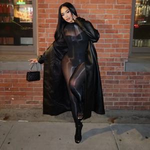 섹시한 고품질 신축성 광택 점프수트 여성 스타킹 바디수트 풀 시스루 긴팔 매력적인 원피스 나이트클럽웨어