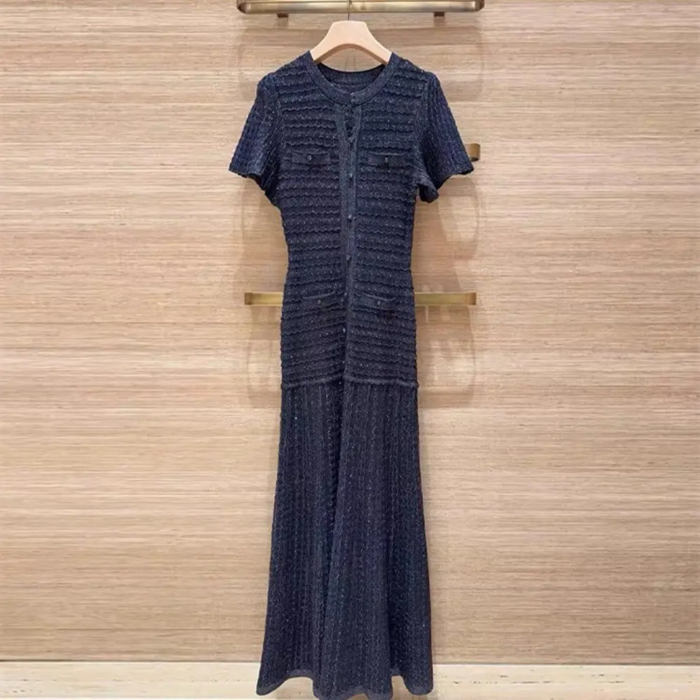 우아한 프랑스 스타일 2026 신상품 미니 스팽글 블루 롱 기장 허리 라인 슬림핏 여성 파티 연회 이브닝 드레스