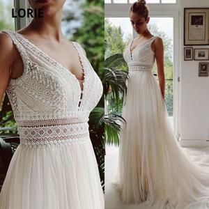 LORIE 보헤미안 웨딩 드레스 브이 넥 아플리케 레이스 Tulle Ivory 우아한 맞춤형 가운 A 라인 신부 Boho vestidos de novia