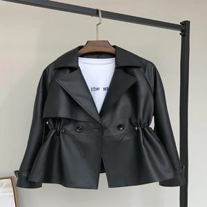 Nerazzurri 봄 블랙 짧은 소프트 가짜 가죽 트렌치 코트 여성용 라글란 슬리브 Drawstring 옷깃 더블 브레스트 패션