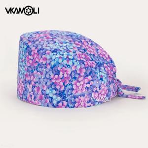 아름다운 보라색 꽃 프린트 외과 모자 100% 면 스크럽 캡 의료 치과 의사 스크럽 모자 gorros enfermeria mujer