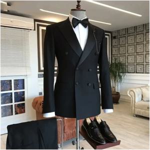 2 조각 자켓 + 바지 남성용 검은 정장 Peaked Lapel Double Breasted Bespoke Blazer 웨딩 신랑 턱시도 댄스 파티 의상 옴므