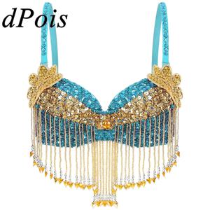 Womens Sparkly Sequins 밸리 댄스 탑 음악 축제 파티 Clubwear 페르시 Tassels 브래지어 할로윈 무대 공연 의상