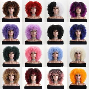 16 인치 아프로 킨키 컬리 합성 머리 그라데이션 보라색 가발과 앞머리 부드러운 푹신한 섬유 가발 파티 코스프레 매일 사용