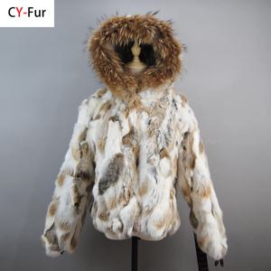 러시아 여성 진짜 토끼 모피 코트, 따뜻한 100% 천연 토끼 모피 재킷, 레이디 따뜻한 라쿤 모피 후드 아우터, 겨울 신상
