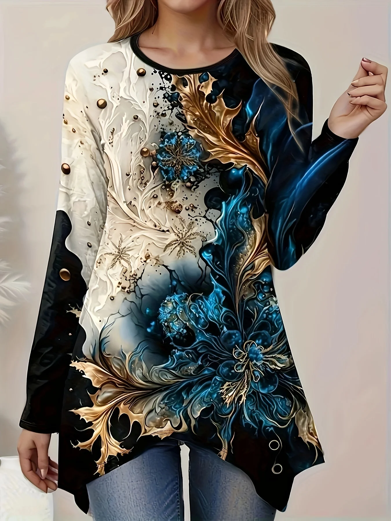 플러스 사이즈 우아한 캐주얼 루즈 티셔츠, 여성 기질 긴팔 티셔츠, 휴일 주말 패션