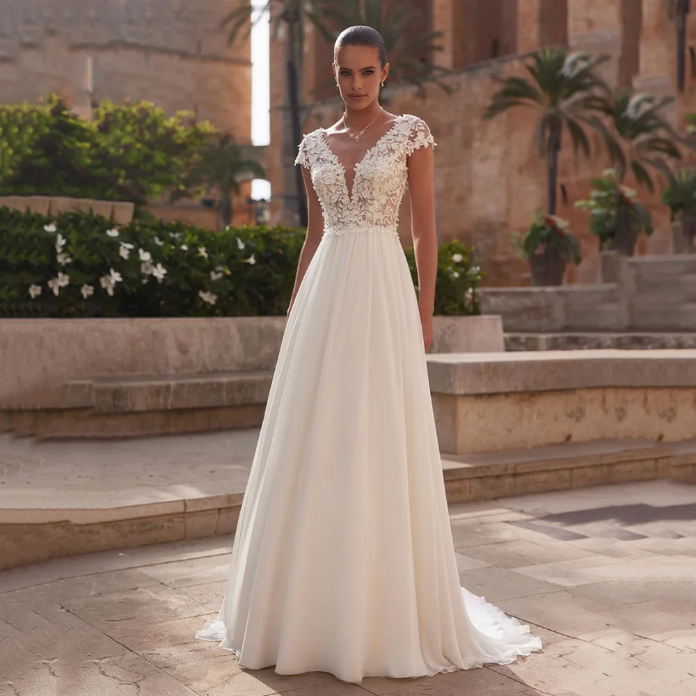 2026 A라인 레이스 웨딩드레스 신부 보헤미안 여성 웨딩 가운 캡 슬리브 V넥 백리스 럭셔리 레이스 웨딩드레스 맞춤 제작