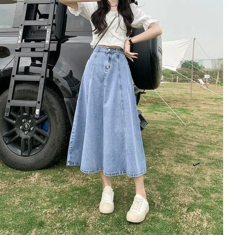 하이웨이스트 A라인 미디 스커트 여성 데님 스커트 슬리밍 피쉬테일 스커트 캐주얼 코튼 블렌드 봄 여름 스커트