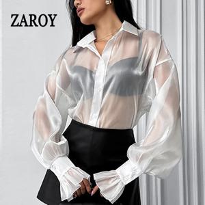ZAROY 섹시한 시스루 여성 셔츠 관점 Organza 랜턴 슬리브 우아한 블라우스 여름 루즈 캐주얼 선 스크린 셔츠 рубашка