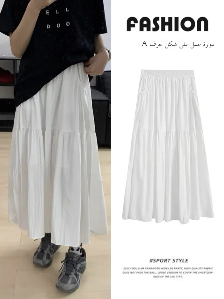 다용도 화이트 미디 A라인 스커트 (포켓 포함) 하이웨이스트 워크웨어 스타일 여성용 2025년 봄 시즌 퓨어 컬러